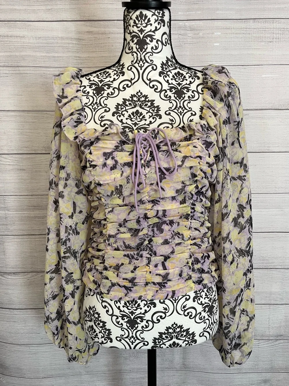 Free People | Lavender Floral Ruffle Smocked Puff-Sleeve Top